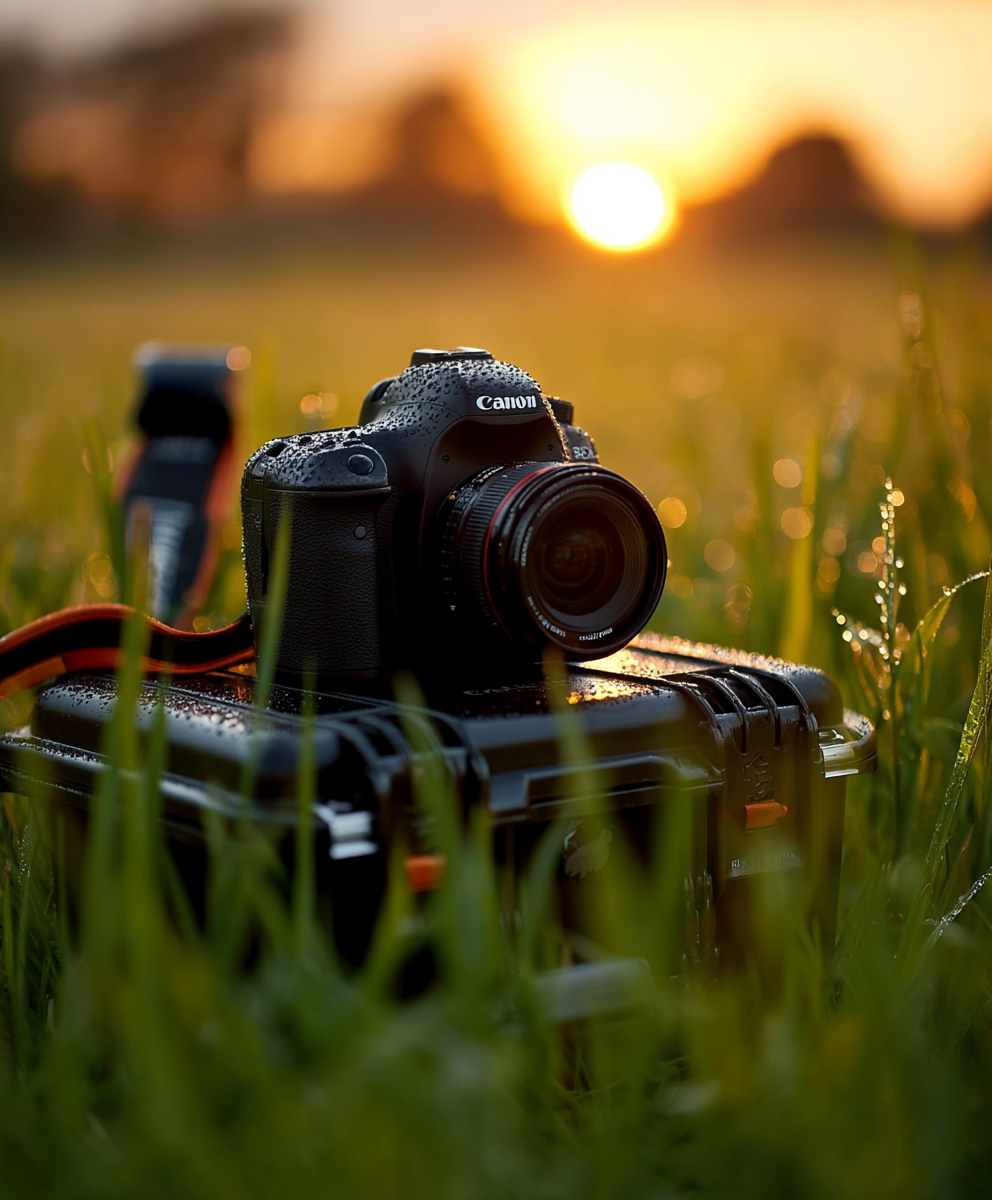 HUSK-Koffer mit Canon-Kamera im nassen Gras bei Sonnenaufgang