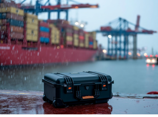 HUSK-Hartschalenkoffer auf einem nassen Kai in einer Hafenumgebung, mit Containerschiffen und Kränen im Hintergrund.