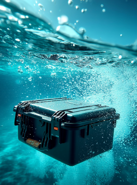 HUSK Hartschalenkoffer unter Wasser, umgeben von Luftblasen in einer klaren Unterwasserumgebung.