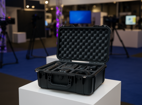 Offener schwarzer Koffer mit Schaumstoffeinlage und maßgeschneiderten Fächern für Mikrofone und Audiogeräte, präsentiert auf einem Messestand