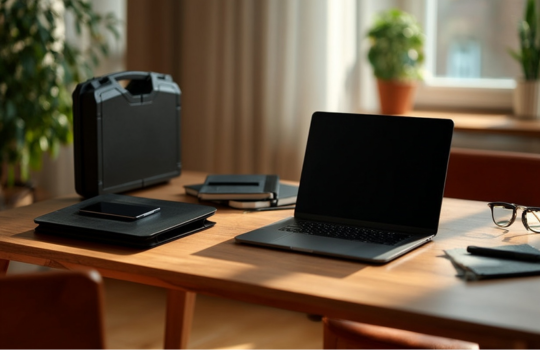 Schützende Hardcase von Maxado auf einem Holzschreibtisch neben einem geöffneten Laptop, Tablet und Notizbuch in einer ruhigen Homeoffice- oder Büroumgebung.