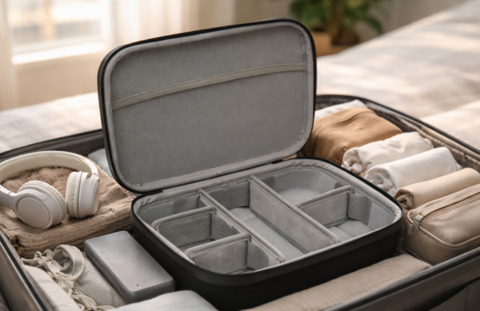 Shell Case Softcase mit gepolstertem Innenraum und herausnehmbarer Facheinteilung, geöffnet und gefüllt mit Zubehör wie Kopfhörern, Kabeln und gefalteter Kleidung.
