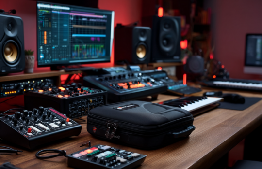 Shell Case Softcase in einem Studio-Arbeitsplatz mit Synthesizern, Audiomischpulten, Monitoren und einem MIDI-Keyboard, zum Aufbewahren und Transportieren von Audiogeräten.