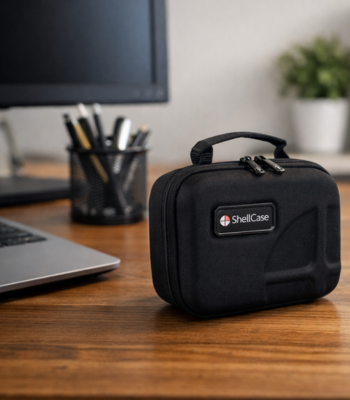 Shell Case Softcase mit Griff auf einem Schreibtisch in einer Büroumgebung, neben einem Laptop und Schreibtischzubehör.