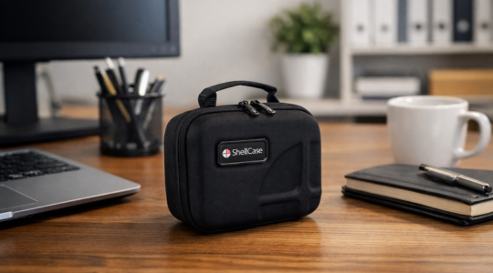 Shell Case Softcase mit Griff auf einem Schreibtisch in einer Büroumgebung, neben einem Laptop, einem Notizbuch und einer Kaffeetasse.