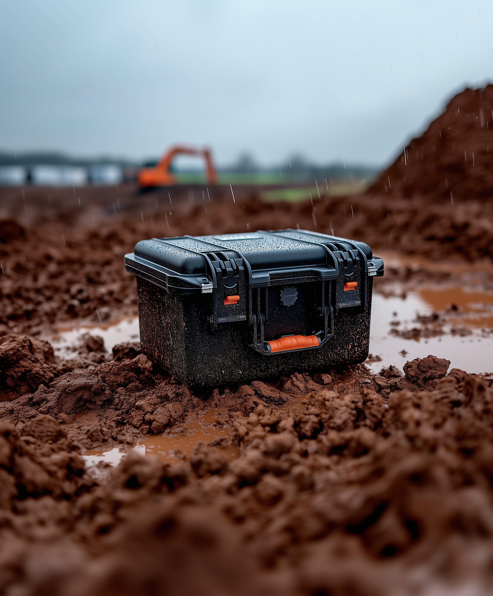 HUSK-Koffer auf schlammiger Baustelle bei Regen